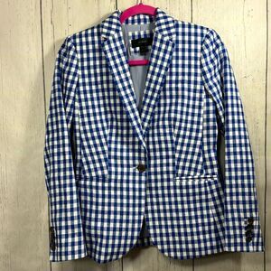 J.Crew Blue Gingham Linen Blazer Sz 0 Preppy Coastal Grandmother Summer Classic